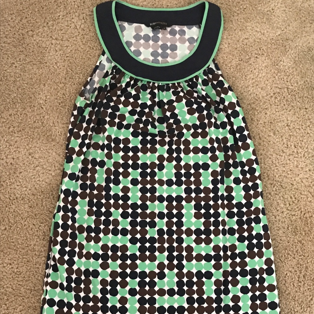 BCBG Green Navy Polka Dot Jersey Dress - XS