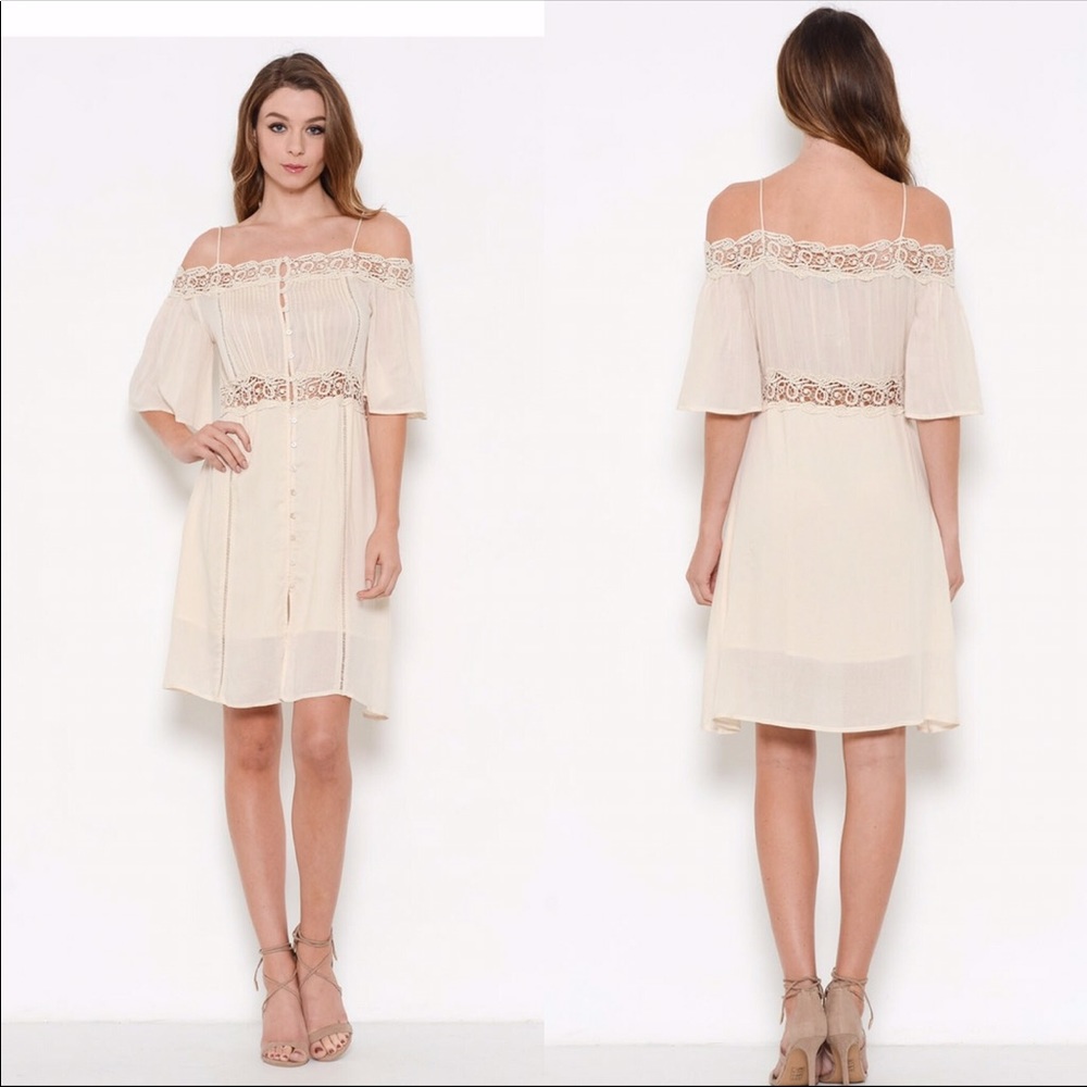 Off the shoulder button up lace trim dress