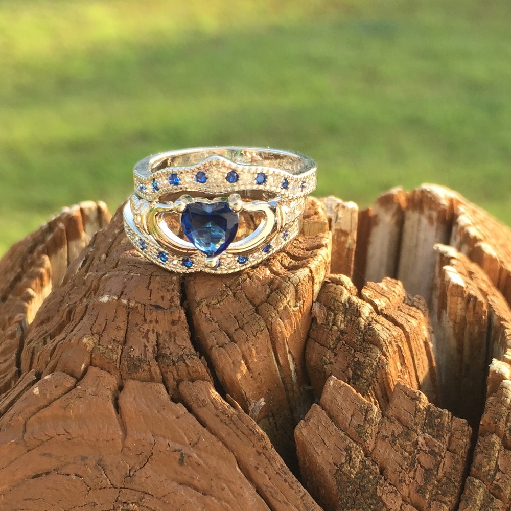 Claddagh Ring Set Blue Sapphire CZ Sterling