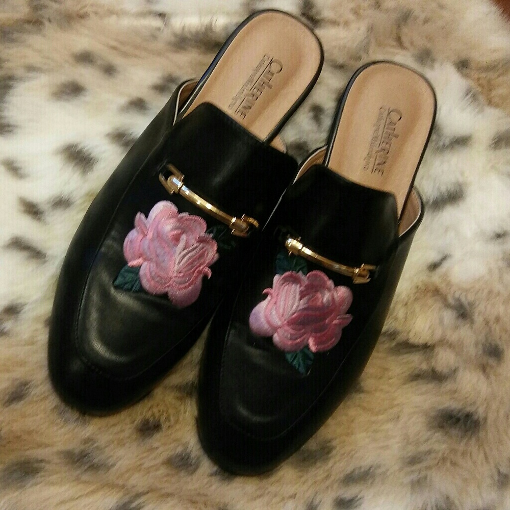 Catherine Malandrino black rose embroidered mules