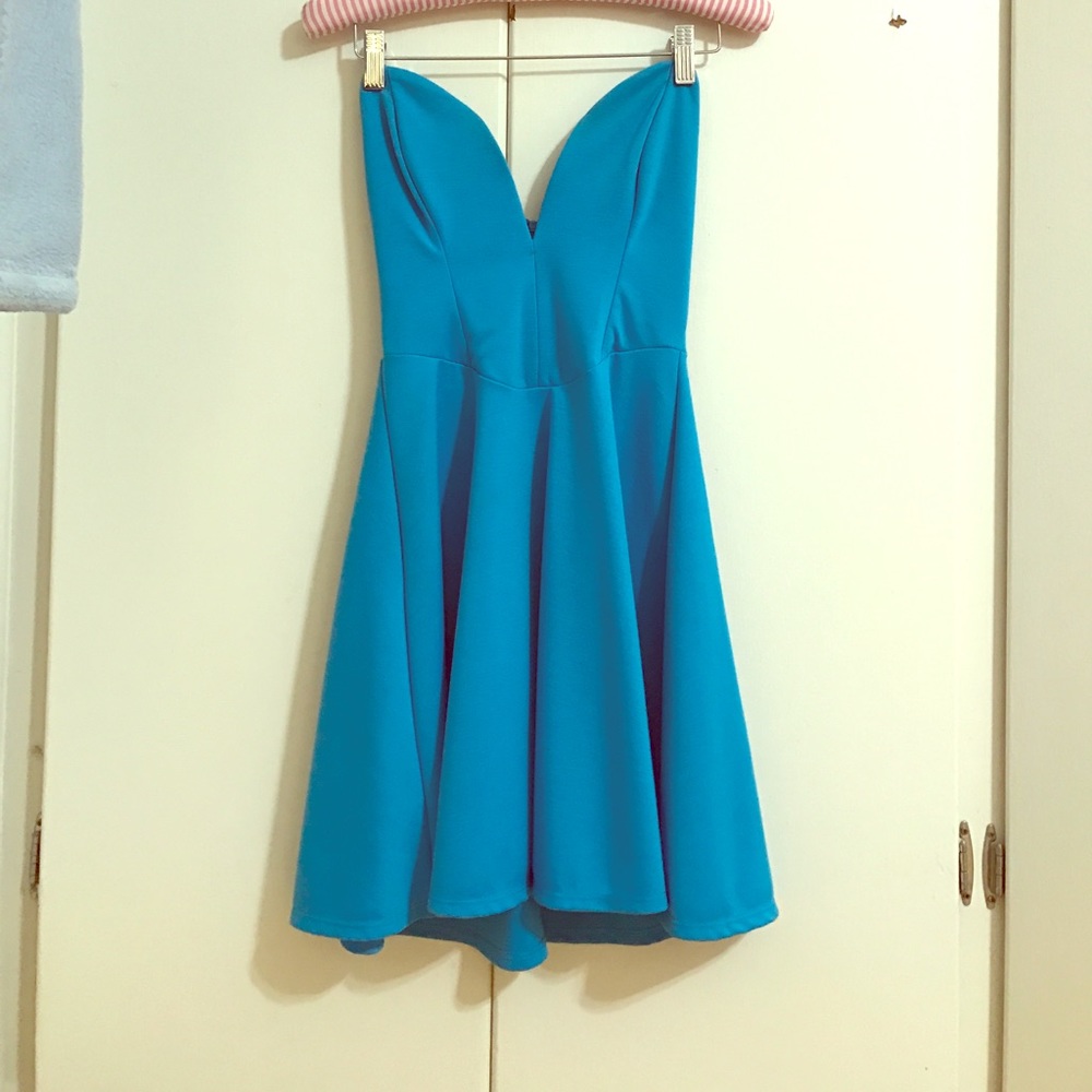 Bright blue strapless cocktail dress