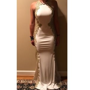 Long white & gold lace prom dress