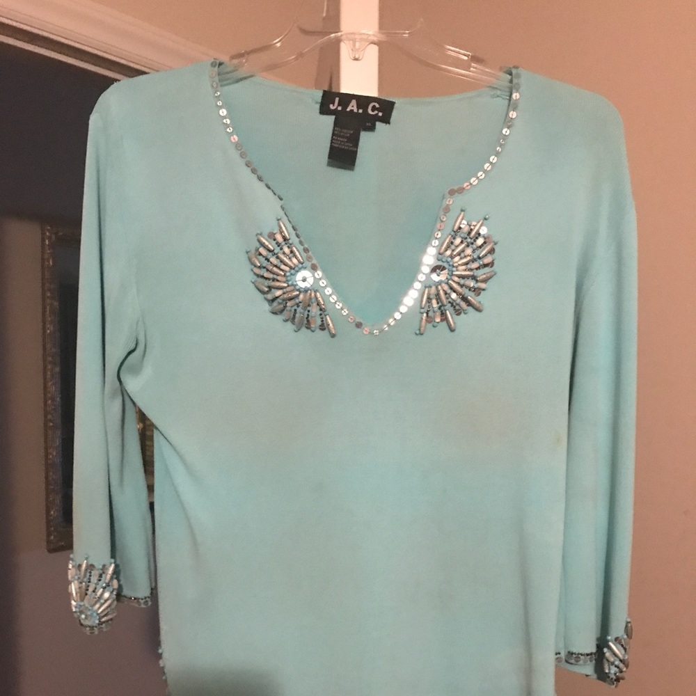 Turquoise dressy blouse with lots of bling