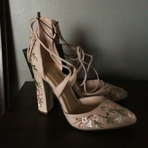 Forever 21 Floral Embroidered Lace Up Heels Forever 21 Floral Embroidered Lace Up Heels