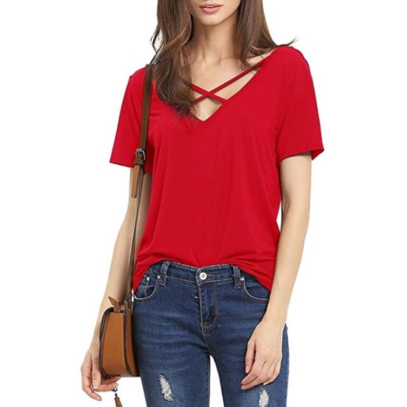 fairlygirly Tops - Strappy Cross V Neck and Back Short Sleeve Top