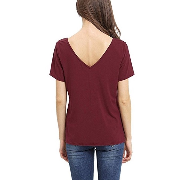 Strappy V Neck Deep V Back Short Sleeve Top Wine - Picture 2 of 5