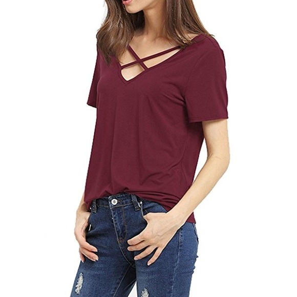 Strappy V Neck Deep V Back Short Sleeve Top Wine - Picture 3 of 5