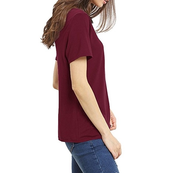 Strappy V Neck Deep V Back Short Sleeve Top Wine - Picture 4 of 5
