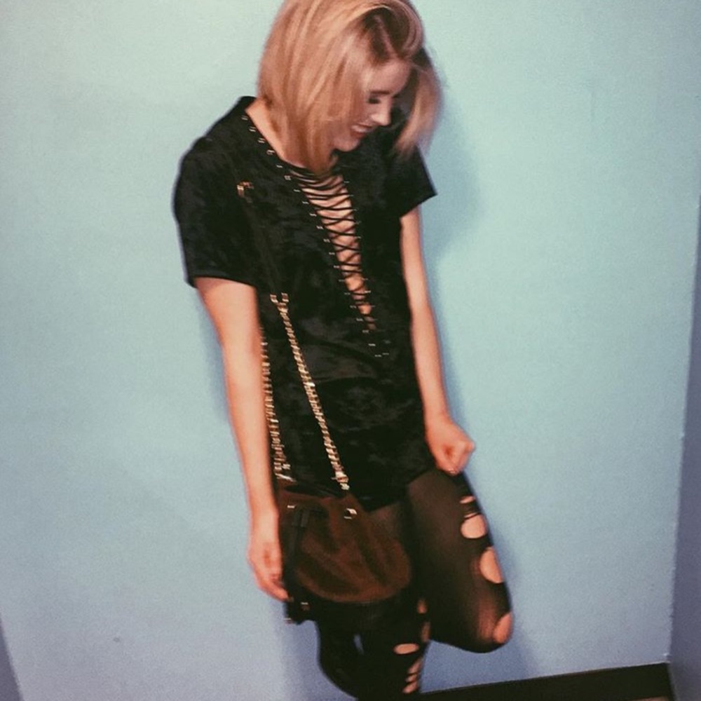 LF black velvet lace up t shirt