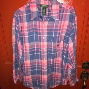 Men's Lg. Linen Ralph Lauren Shirt, Pink and Blue.