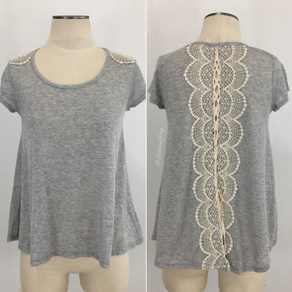 Xhilaration Tops - Xhilaration- Grey Lace Up Crochet Swing Tee SZ M