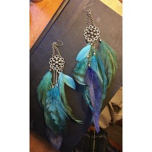 💠 Unique feather earrings bright aqua blue