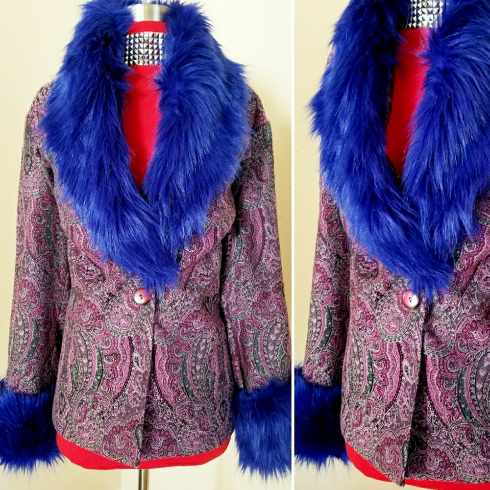 Foxy Tapestry Chenille Vegan Fur Coat Jacket Plus