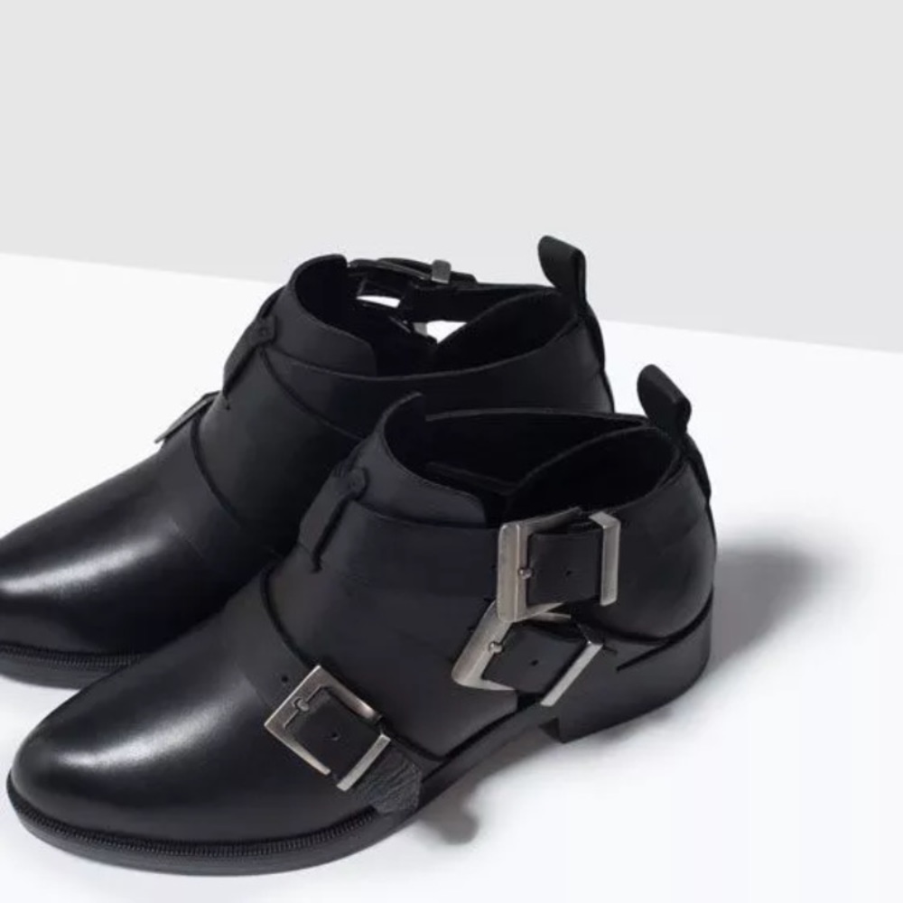Zara Black Biker Straps metal buckles ankle boots