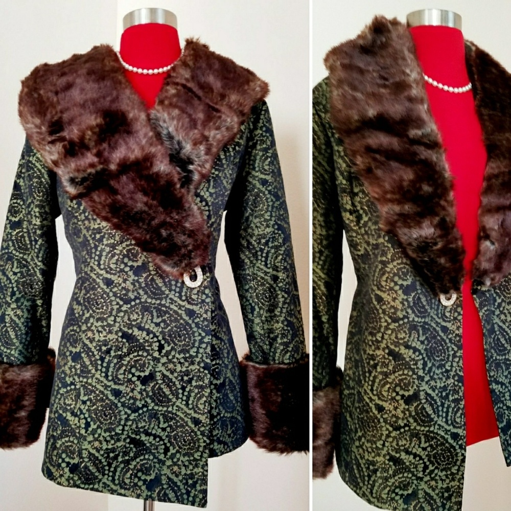 Vtg Emerald Brocade Tapestry Vegan Fur Coat Jacket
