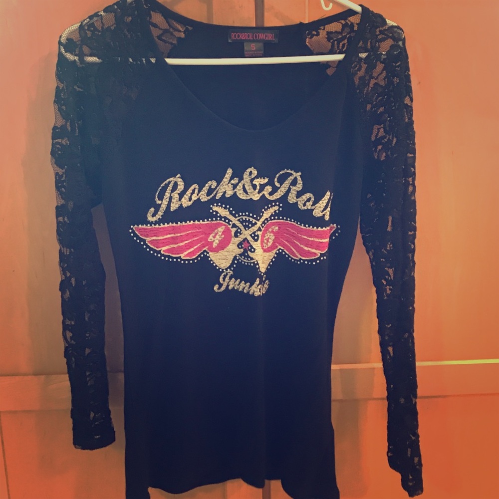 Rock&Roll COWGIRL sm black lace long sleeve blouse