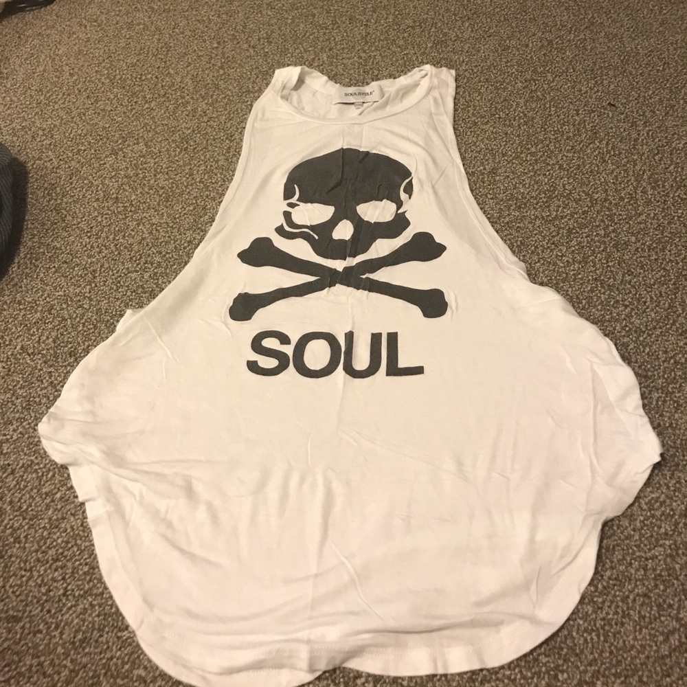Soulcycle white tank with black skull and writing