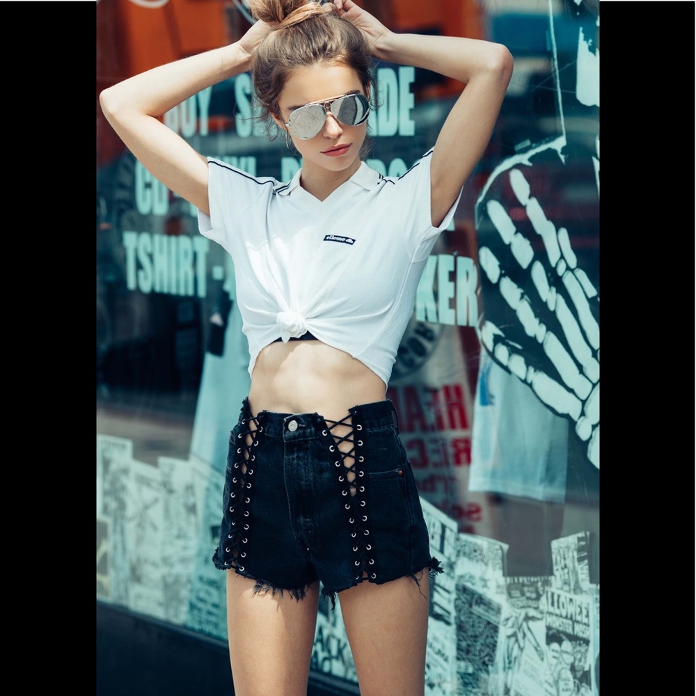 LF  vintage black wash Lace Up denim shorts