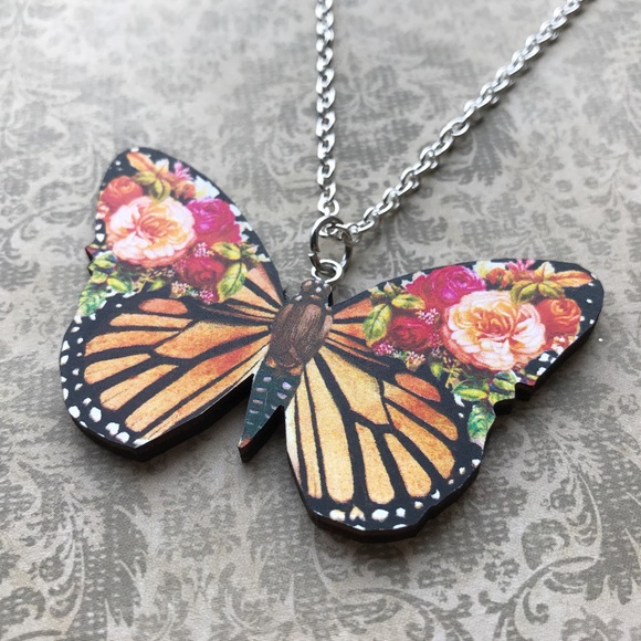 Floral Print Monarch Butterfly Necklace - Picture 2 of 3