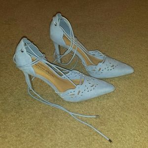 Baby blue 3" lace up heels by Christian Siriano