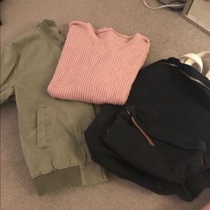 Brandy melville bomber, sweater, and backpack trio
