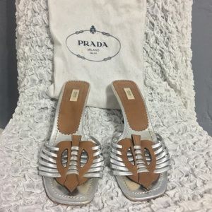 PRADA SILVER/BROWN LEATHER WOMEN'S HEELS