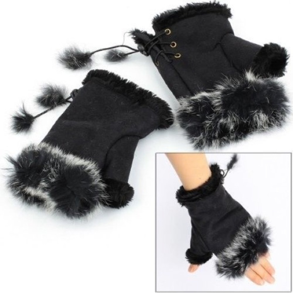 Real fur faux suede wrist warmer fingerless gloves