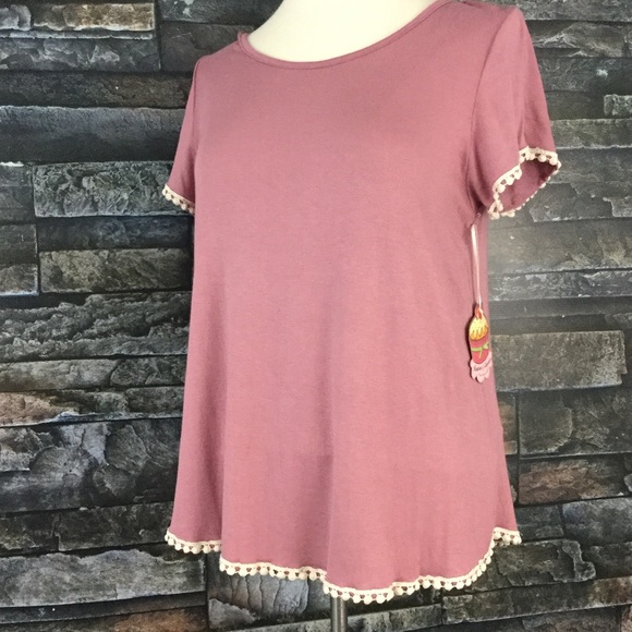 Rainbous & Cupcakes Tops - Dusty rose tee with cream pom pom crochet trim