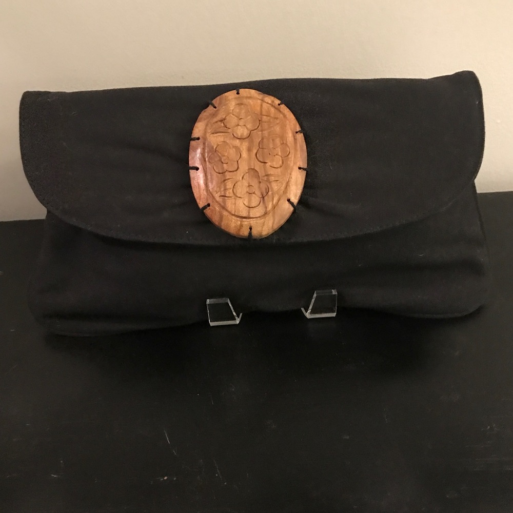 Black Clutch with Large Wood Pendant