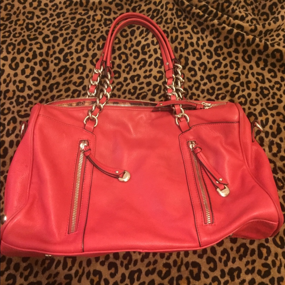 Red leather bag with chain straps