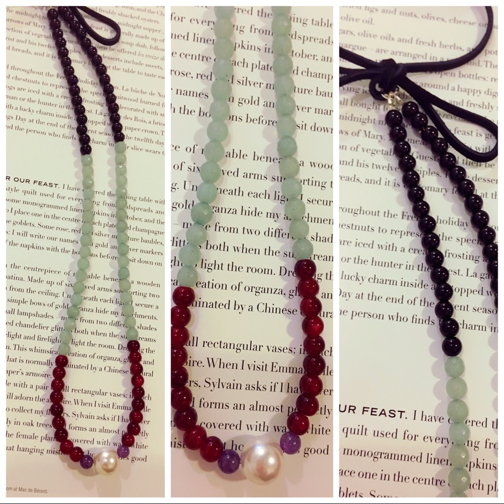 Pearl necklace with suede tie closure