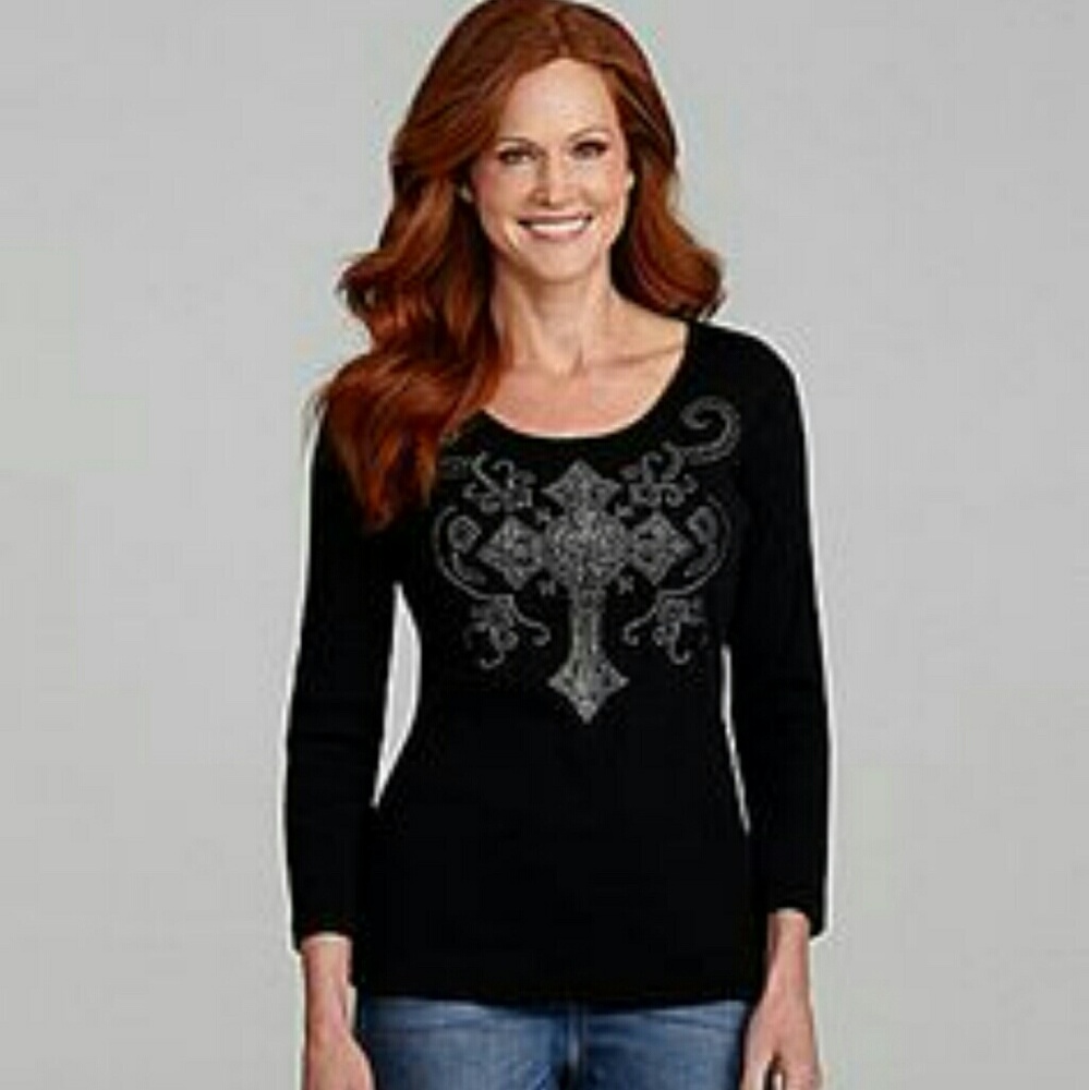 Reba Black Rhinestone Cross Long Sleeve Shirt