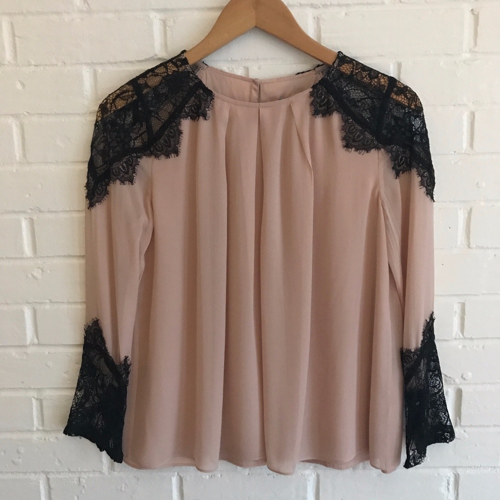 Alice and Olivia Pink with Black Lace Silk Top