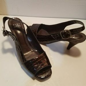 Textured Brown Patten Leather Peep Toe Heels