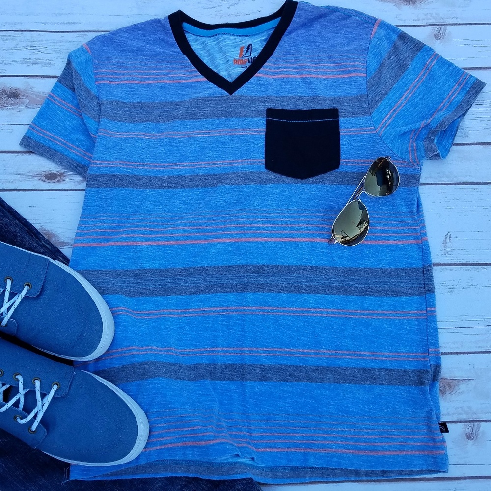 AMPLIFY Blue V-Neck Top w/Black & Orange Stripes