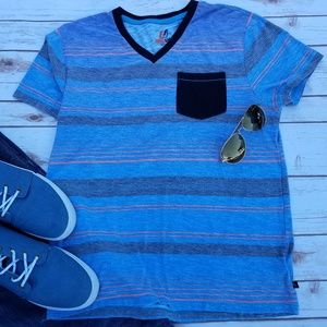 AMPLIFY Blue V-Neck Top w/Black & Orange Stripes