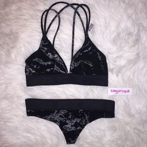 S/M VELVET VS PINK Bralette Thong Set Black New