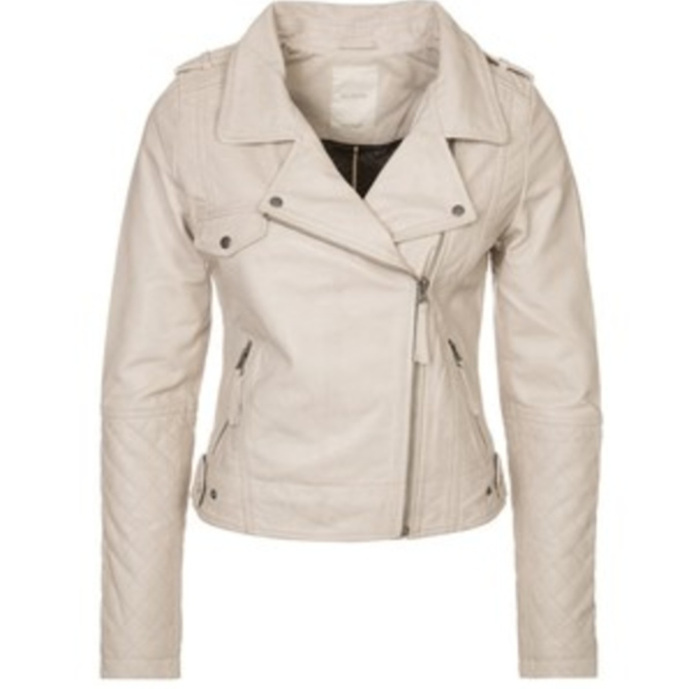 Leather biker jacket in cream/beige. US 8