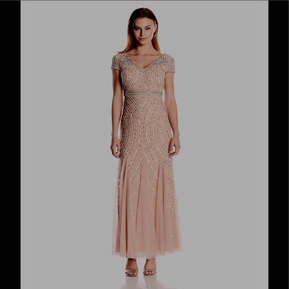 Adrianna Papell Short Sleeve V Neck beaded gown