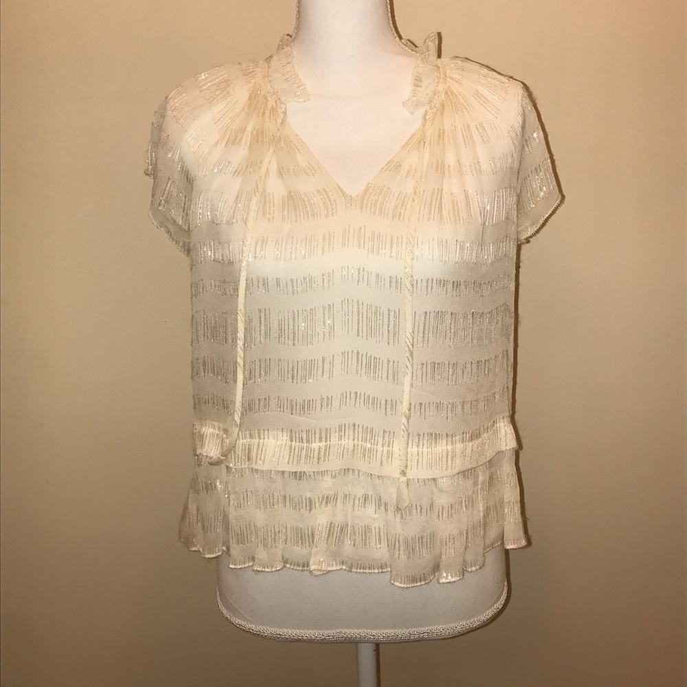 (Rebecca Taylor) Gold Striped Cap Sleeve Blouse