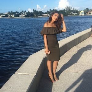 Olive green midi off-shoulder dress