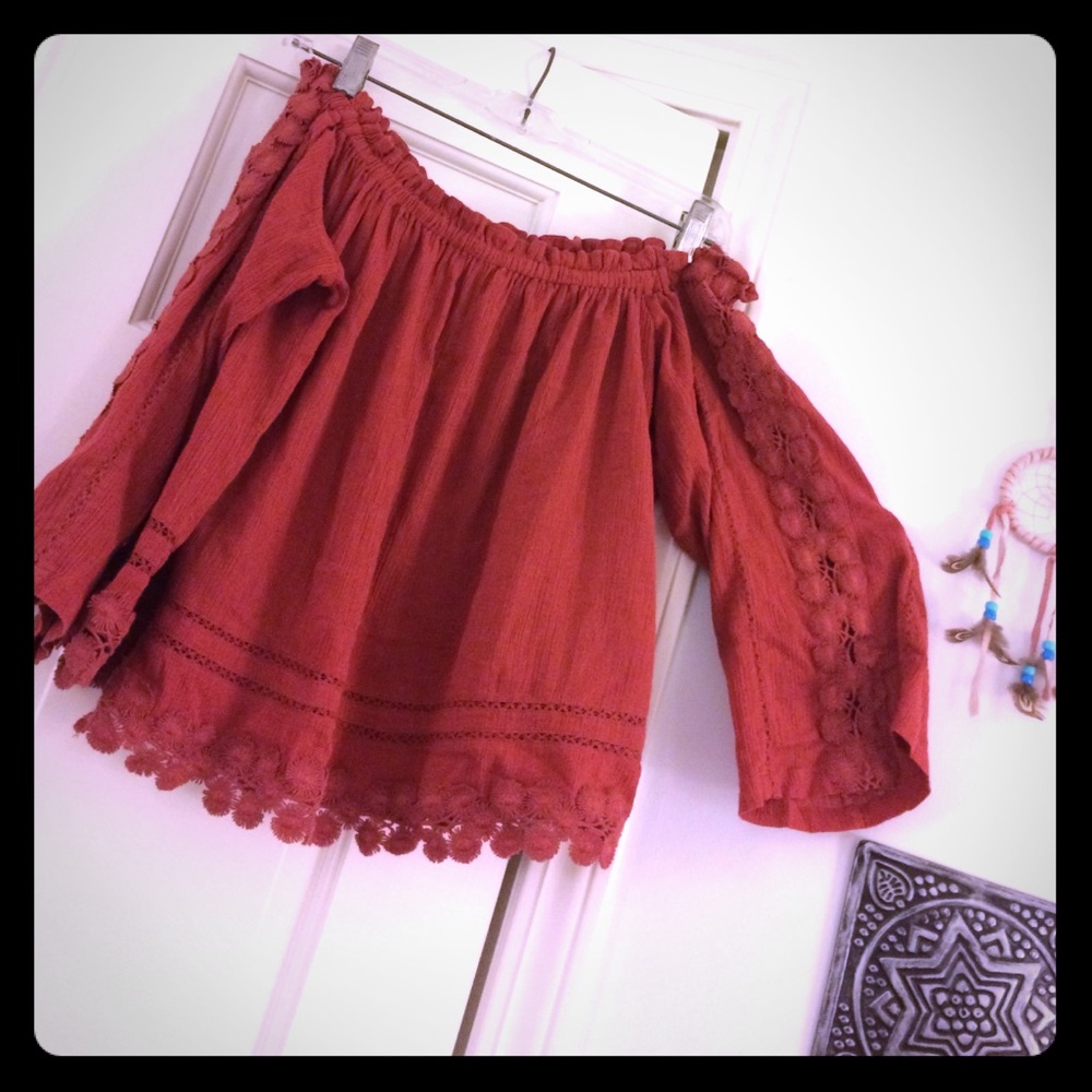 Boho Topshop off-the-shoulder red long-sleeve