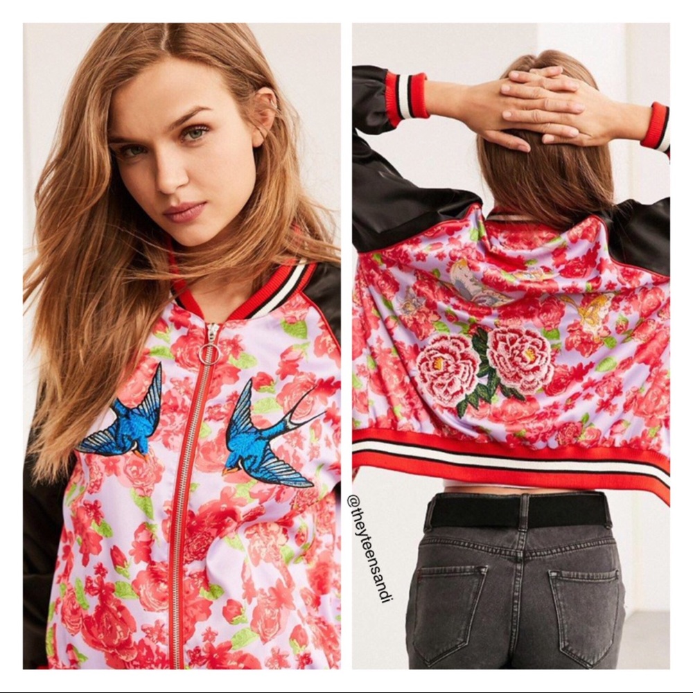 Urban Outfitters Silky Embroidered Bomber Jacket