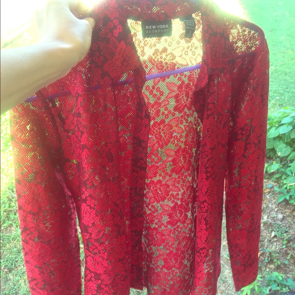 SOLD Red Sheer Lace New York & Company Long Slve Small