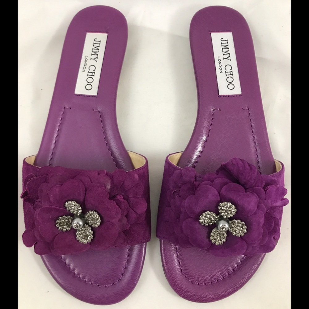 New Women Jimmy Choo Neave Flat Purple Suede Slide Floral Size 6 Madeline
