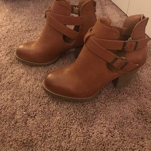 Brown zip up buckle cutout ankle booties