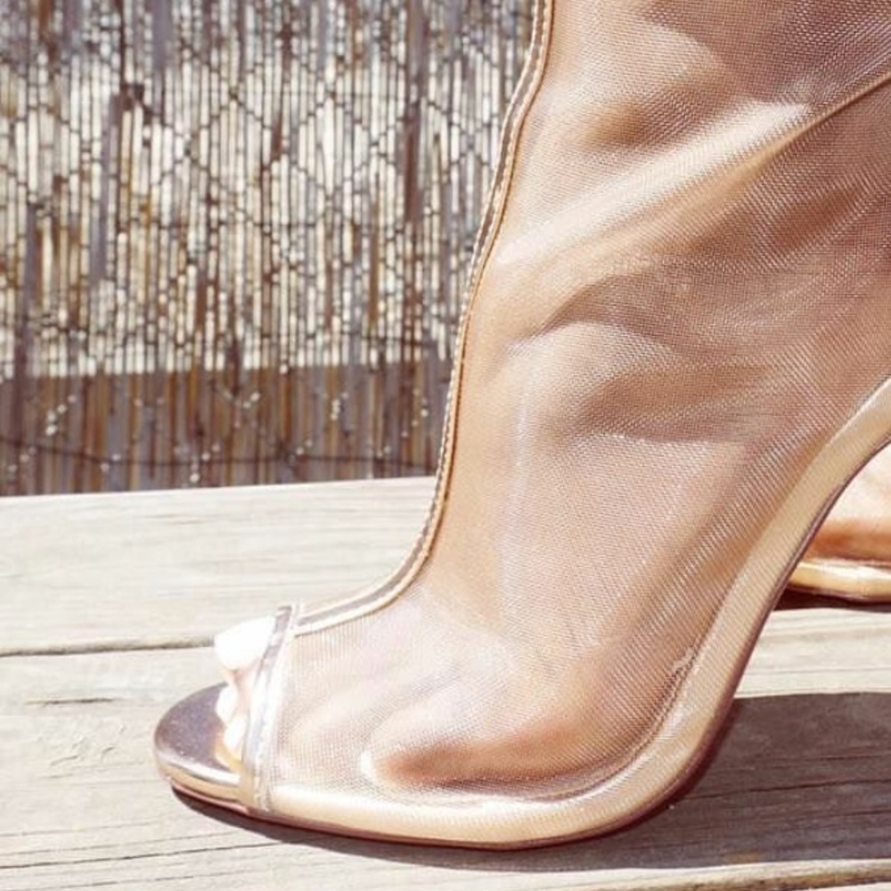 Gold Clear Lucite Peep Toe High Heel Ankle Booties - Picture 3 of 6