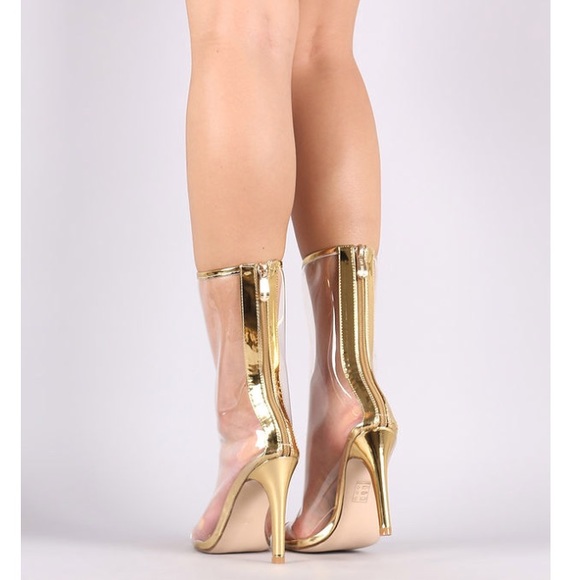 Gold Clear Lucite Peep Toe High Heel Ankle Booties - Picture 4 of 6