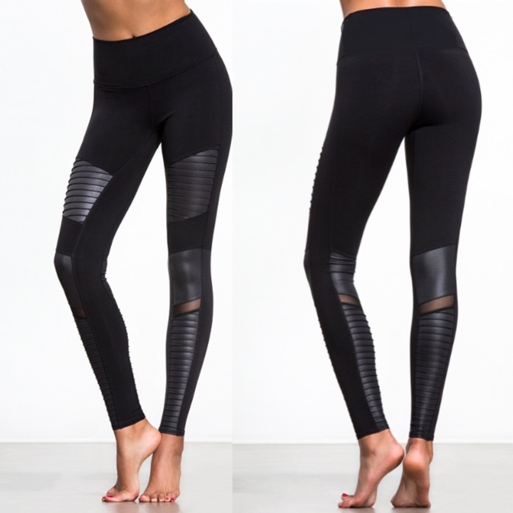 Moto Mesh Leather Black Yoga Active LEGGING - Picture 1 of 1