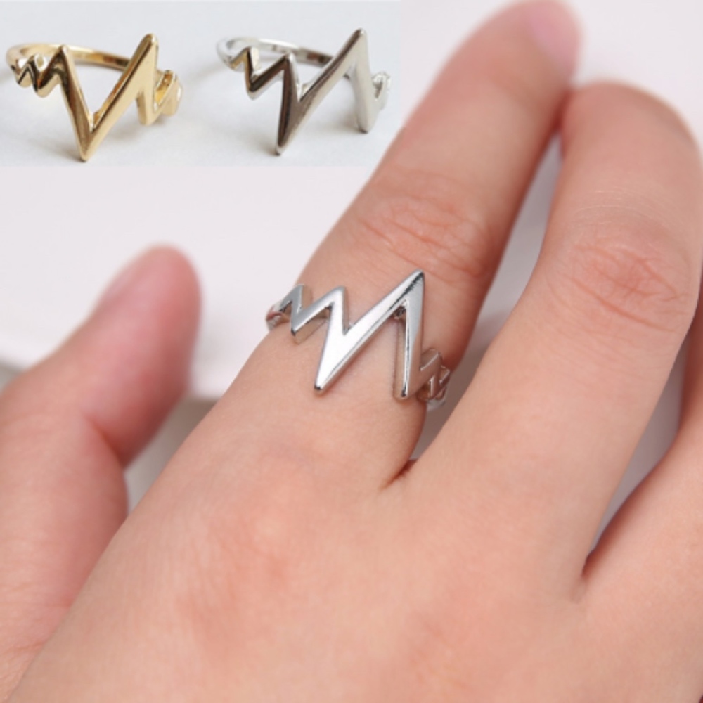 Heartbeat EKG Lightening Wave Silver Midi Ring - Picture 2 of 6